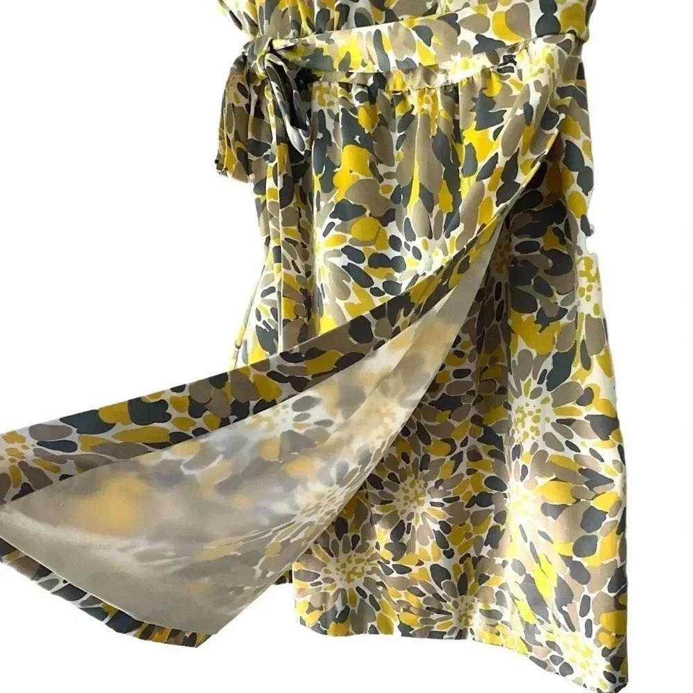 BANANA REPUBLIC | NWOT | SHORT SLEEVED FLORAL WRAP DRESS YELLOW GRAY | SIZE: 8 - Picture 5 of 9
